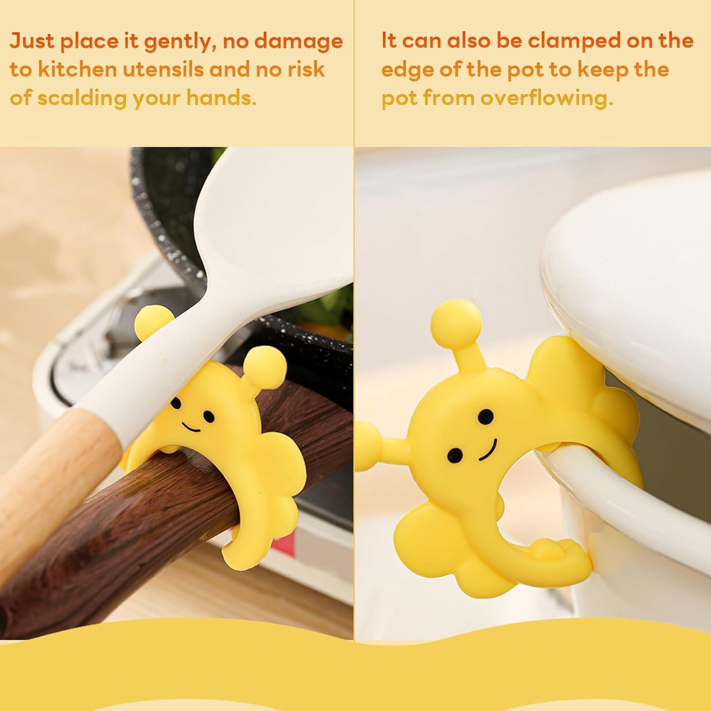 Silicone Spatula Holder 2-Pack Bee Design Spoon Rest, Heat-Tolerant and Space-Saving Kitchen Utensil Pot Clips for Holding Spatulas and Spoons, Clip-On Pot Handle Design, (Yellow & Cream)