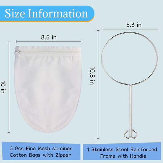 Fine Mesh Strainer, 6Pcs Cloth Strainer Bags with Steel Handle | Reusable Cotton Bags, Multipurpose Strainer Bags, Nut Milk Bags, Juice Strainer for Juicing, Coffee, Thai Tea