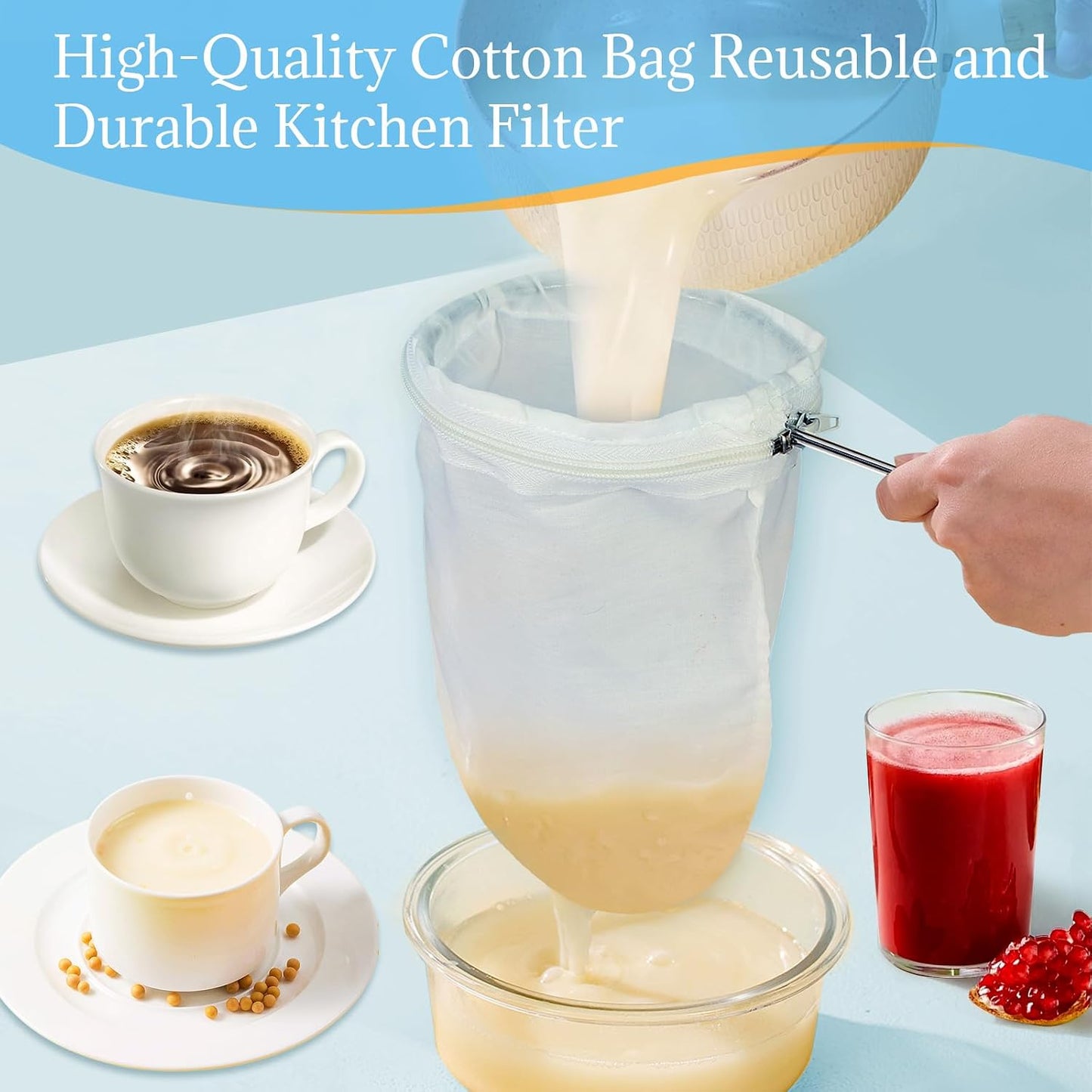 Fine Mesh Strainer, 6Pcs Cloth Strainer Bags with Steel Handle | Reusable Cotton Bags, Multipurpose Strainer Bags, Nut Milk Bags, Juice Strainer for Juicing, Coffee, Thai Tea