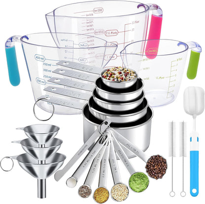 Measuring Cups and Spoons Set, 11 Stainless Steel Nesting Measuring Spoons and Cups with 3 Plastic Measuring Cup, 3 Funnel, 3 Brush, 1 Ruler, Measuring Cup Set for Kitchen Baking Liquid Dry
