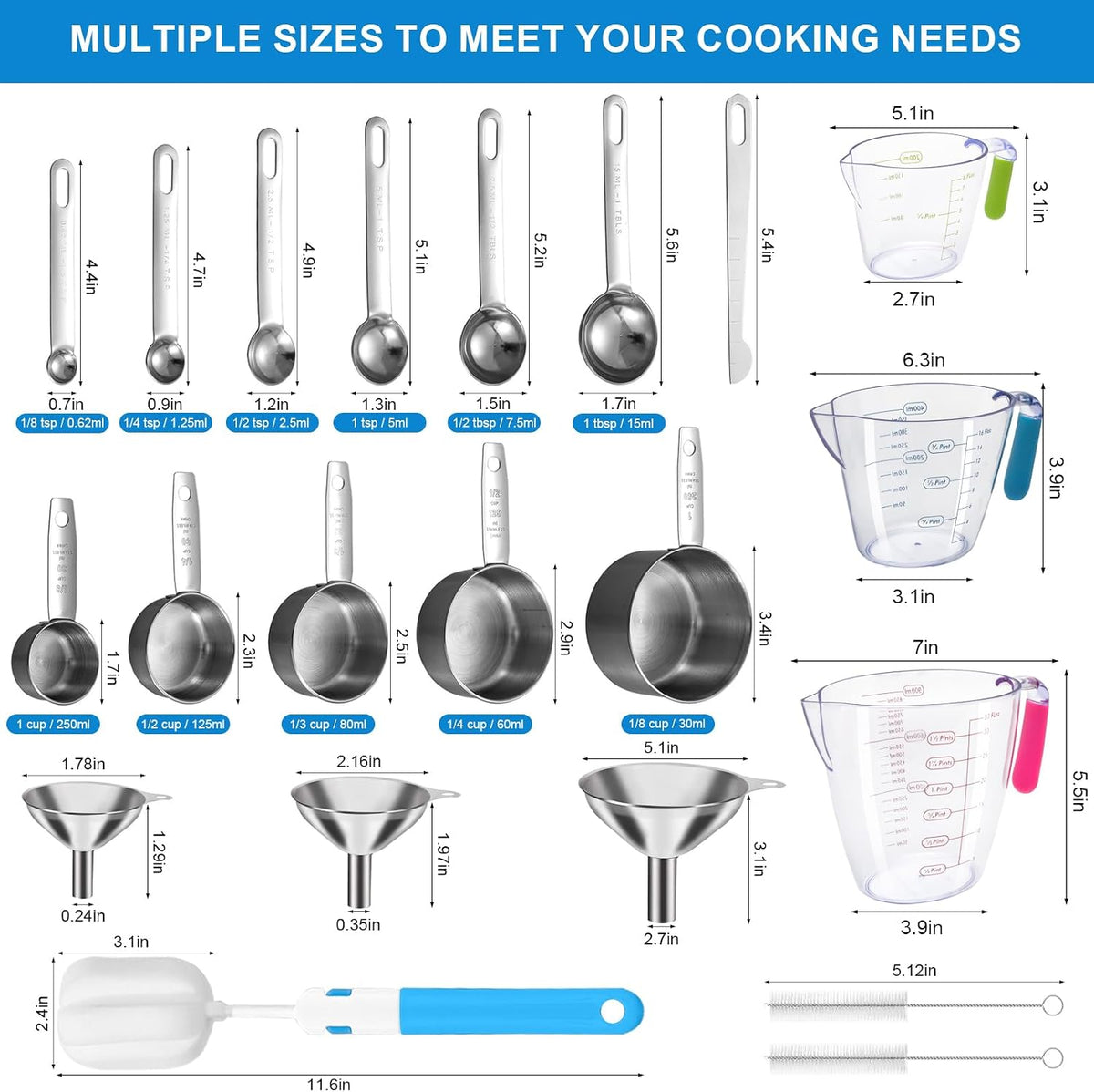 Measuring Cups and Spoons Set, 11 Stainless Steel Nesting Measuring Spoons and Cups with 3 Plastic Measuring Cup, 3 Funnel, 3 Brush, 1 Ruler, Measuring Cup Set for Kitchen Baking Liquid Dry