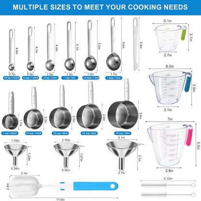 Measuring Cups and Spoons Set, 11 Stainless Steel Nesting Measuring Spoons and Cups with 3 Plastic Measuring Cup, 3 Funnel, 3 Brush, 1 Ruler, Measuring Cup Set for Kitchen Baking Liquid Dry
