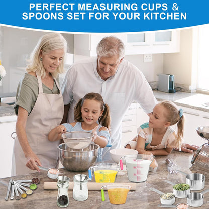 Measuring Cups and Spoons Set, 11 Stainless Steel Nesting Measuring Spoons and Cups with 3 Plastic Measuring Cup, 3 Funnel, 3 Brush, 1 Ruler, Measuring Cup Set for Kitchen Baking Liquid Dry