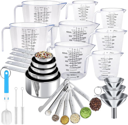 Measuring Cups and Spoons Set, 11 Stainless Steel Nesting Measuring Spoons and Cups with 3 Plastic Measuring Cup, 3 Funnel, 3 Brush, 1 Ruler, Measuring Cup Set for Kitchen Baking Liquid Dry