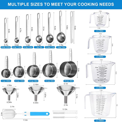 Measuring Cups and Spoons Set, 11 Stainless Steel Nesting Measuring Spoons and Cups with 3 Plastic Measuring Cup, 3 Funnel, 3 Brush, 1 Ruler, Measuring Cup Set for Kitchen Baking Liquid Dry
