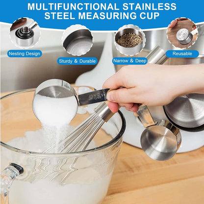 Measuring Cups and Spoons Set, 11 Stainless Steel Nesting Measuring Spoons and Cups with 3 Plastic Measuring Cup, 3 Funnel, 3 Brush, 1 Ruler, Measuring Cup Set for Kitchen Baking Liquid Dry