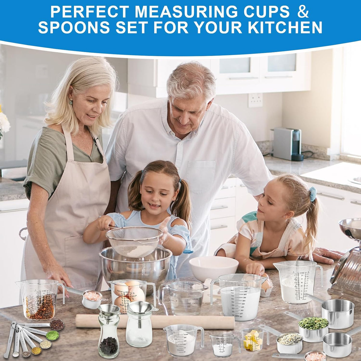 Measuring Cups and Spoons Set, 11 Stainless Steel Nesting Measuring Spoons and Cups with 3 Plastic Measuring Cup, 3 Funnel, 3 Brush, 1 Ruler, Measuring Cup Set for Kitchen Baking Liquid Dry