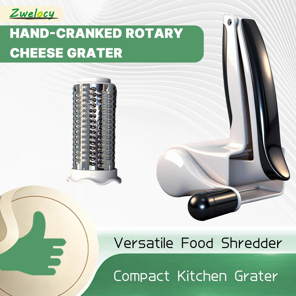 Cheese Grater with Hand Crank for Parmesan & Hard Cheeses - Shatter-Resistant & Easy to Clean，Restaurant Quality, White
