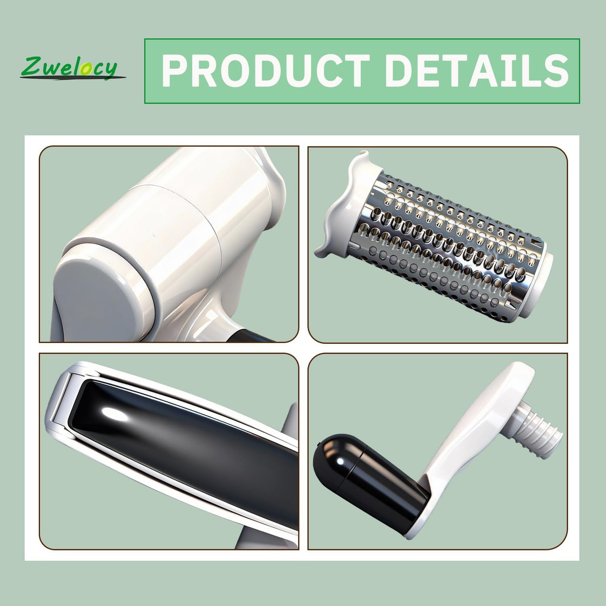 Cheese Grater with Hand Crank for Parmesan & Hard Cheeses - Shatter-Resistant & Easy to Clean，Restaurant Quality, White