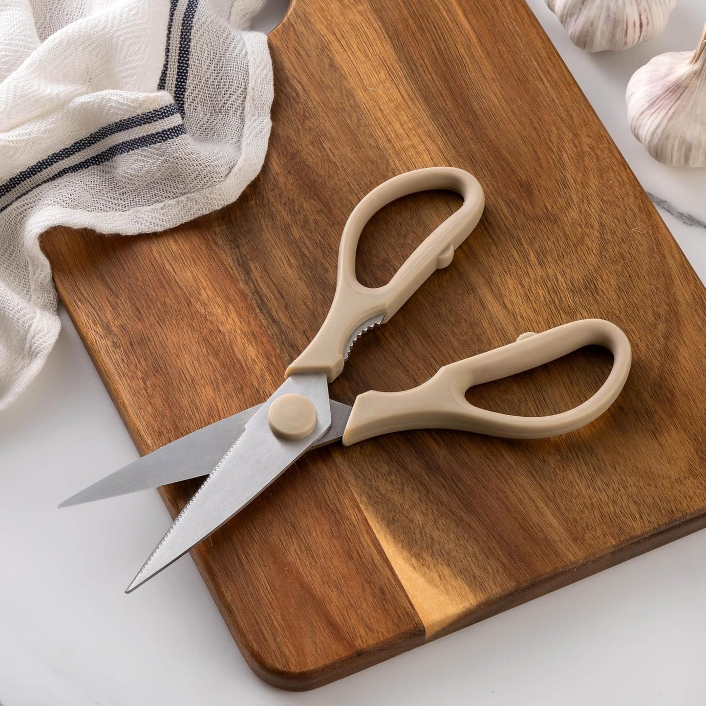 Kitchen Scissors- Stainless Steel Kitchen Shears, Cooking Scissors for Cutting Meat, Chicken, Herbs and Produce with Blade Cover and Soft Grip Handles (Brown)