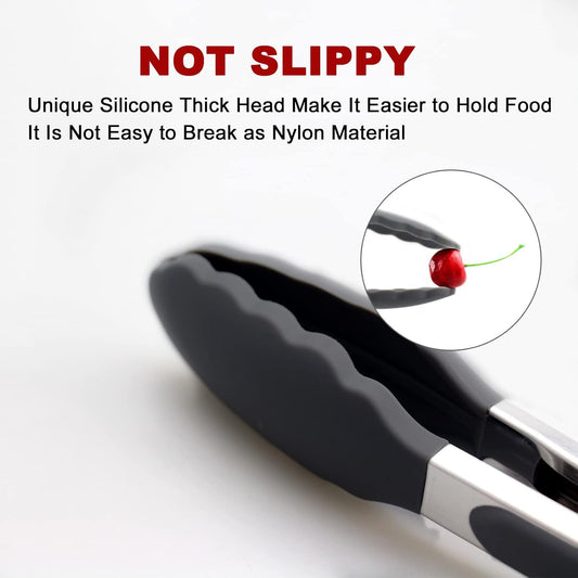 2 Pack Silicone Kitchen Tongs, 9 & 12 Inch, Stainless Steel, Black