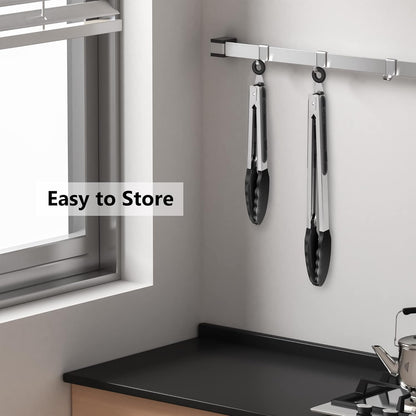 2 Pack Silicone Kitchen Tongs, 9 & 12 Inch, Stainless Steel, Black