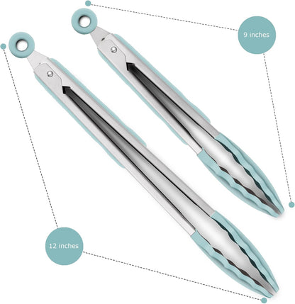 2 Pack Silicone Kitchen Tongs, 9 & 12 Inch, Stainless Steel, Black