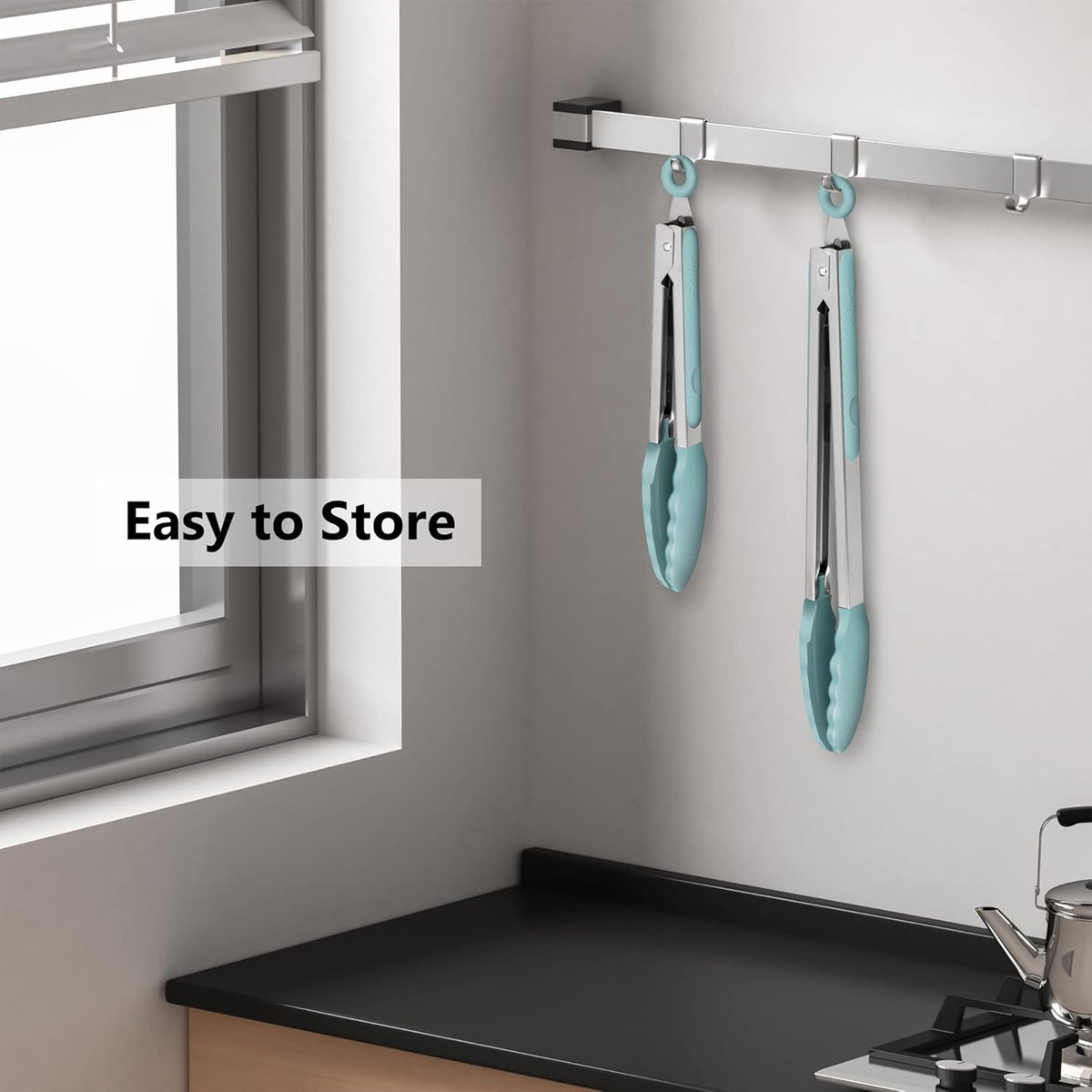 2 Pack Silicone Kitchen Tongs, 9 & 12 Inch, Stainless Steel, Black