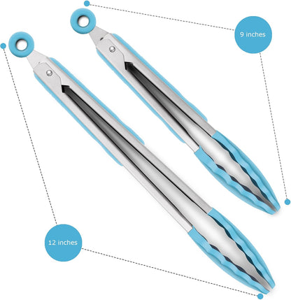 2 Pack Silicone Kitchen Tongs, 9 & 12 Inch, Stainless Steel, Black