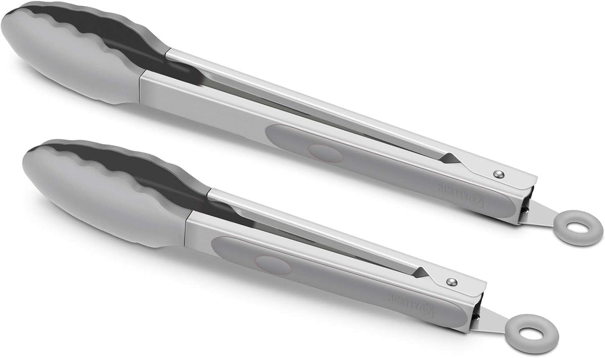 2 Pack Silicone Kitchen Tongs, 9 & 12 Inch, Stainless Steel, Black