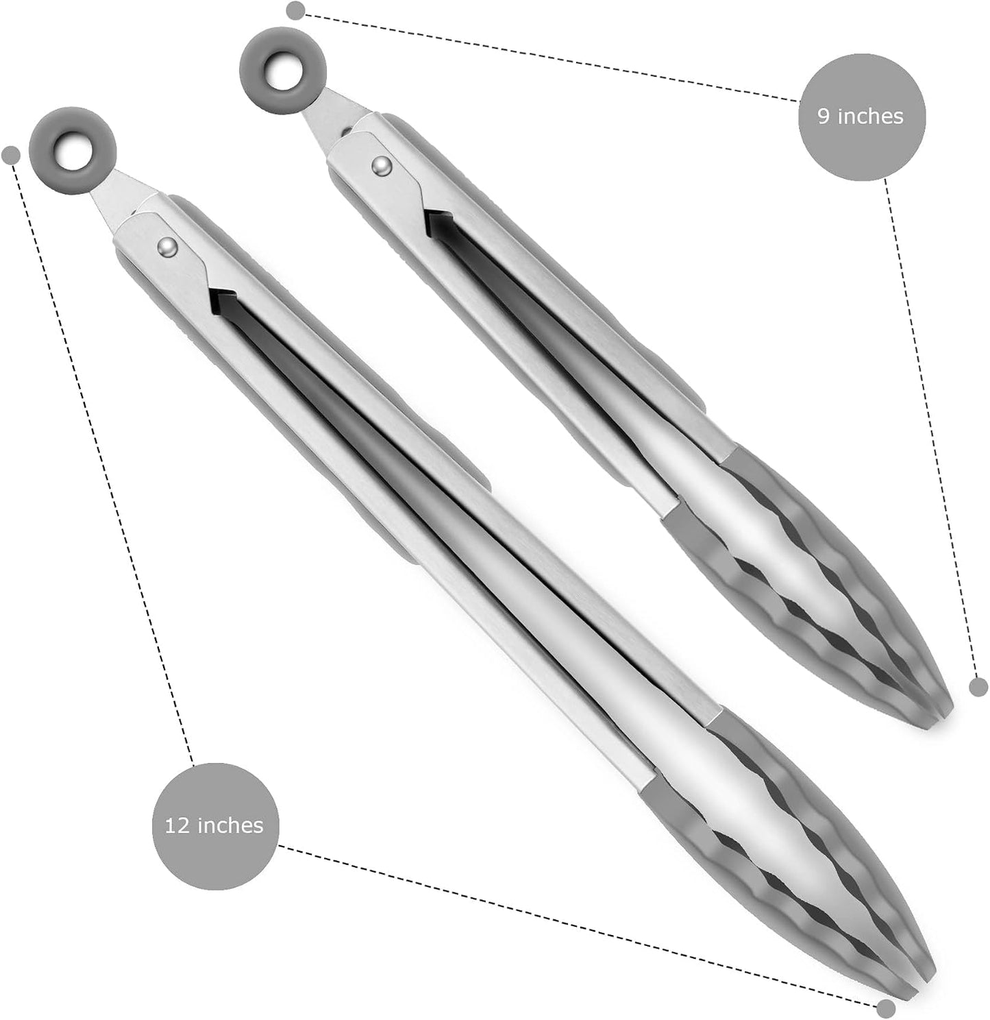 2 Pack Silicone Kitchen Tongs, 9 & 12 Inch, Stainless Steel, Black
