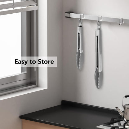2 Pack Silicone Kitchen Tongs, 9 & 12 Inch, Stainless Steel, Black