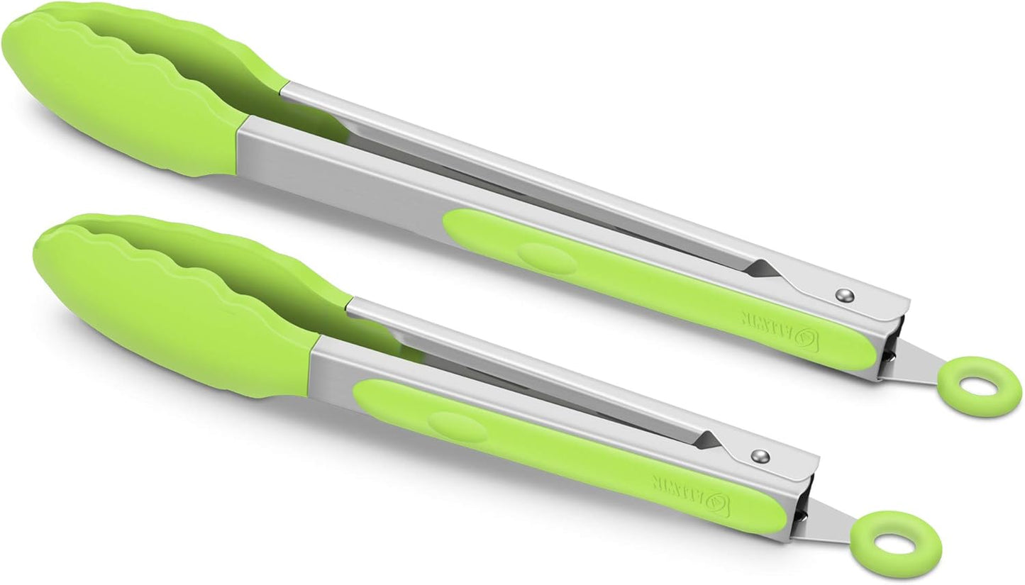 2 Pack Silicone Kitchen Tongs, 9 & 12 Inch, Stainless Steel, Black