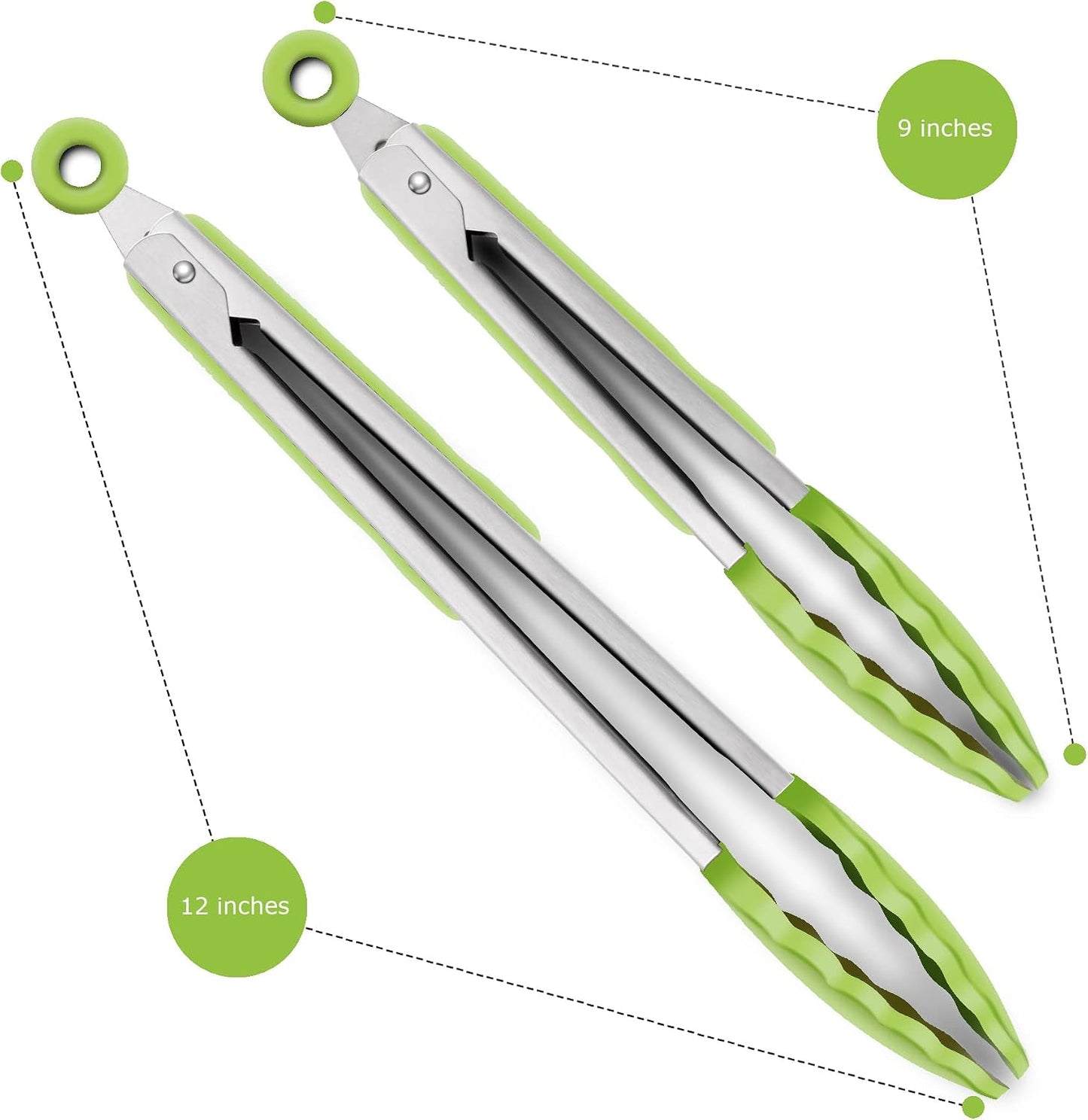 2 Pack Silicone Kitchen Tongs, 9 & 12 Inch, Stainless Steel, Black