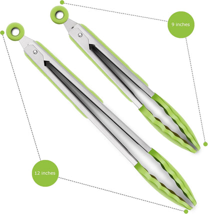 2 Pack Silicone Kitchen Tongs, 9 & 12 Inch, Stainless Steel, Black