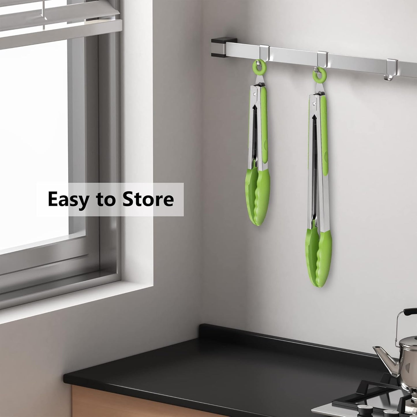 2 Pack Silicone Kitchen Tongs, 9 & 12 Inch, Stainless Steel, Black
