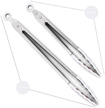 2 Pack Silicone Kitchen Tongs, 9 & 12 Inch, Stainless Steel, Black