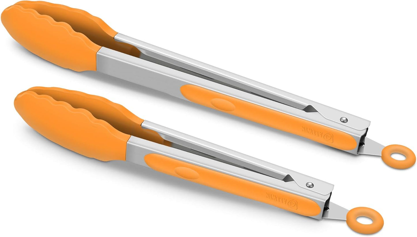 2 Pack Silicone Kitchen Tongs, 9 & 12 Inch, Stainless Steel, Black