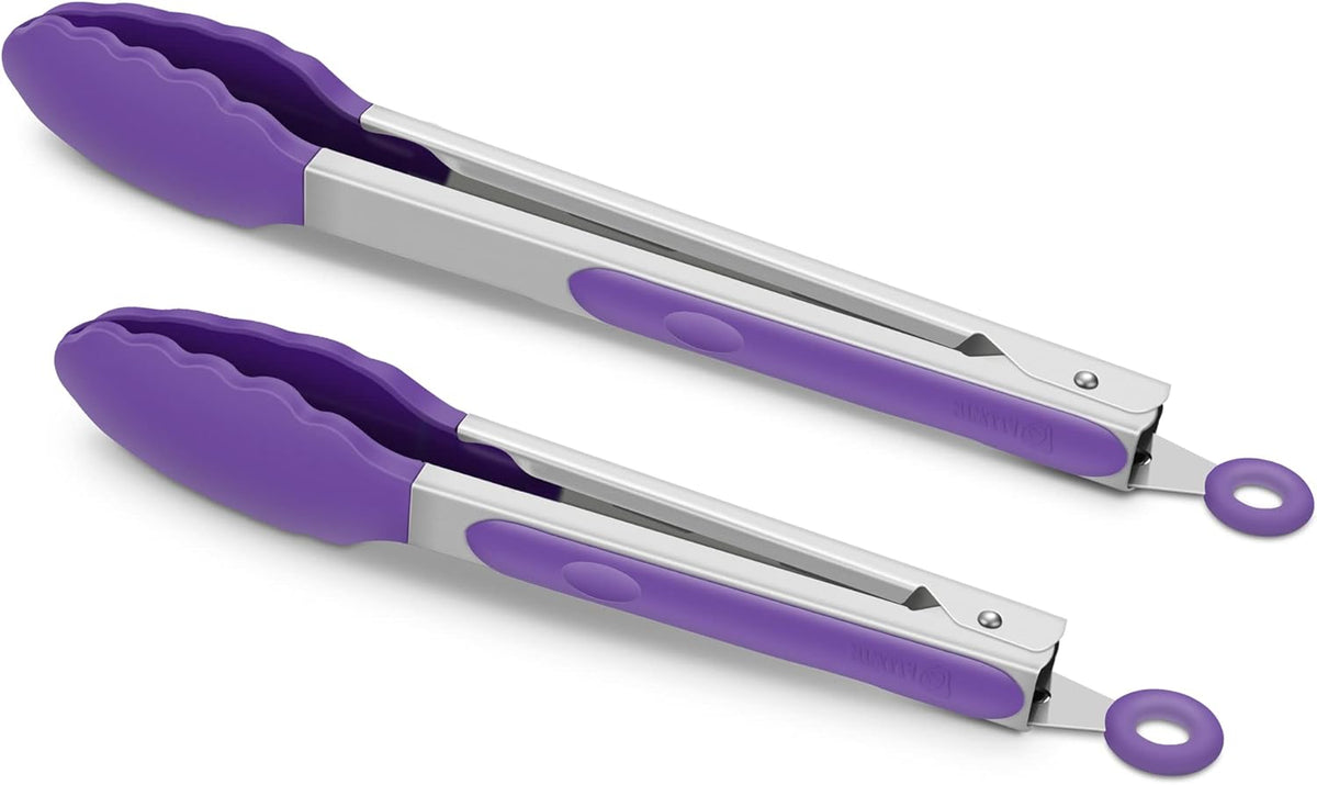 2 Pack Silicone Kitchen Tongs, 9 & 12 Inch, Stainless Steel, Black