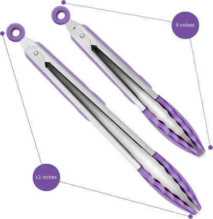 2 Pack Silicone Kitchen Tongs, 9 & 12 Inch, Stainless Steel, Black