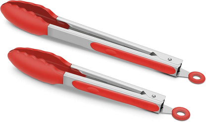 2 Pack Silicone Kitchen Tongs, 9 & 12 Inch, Stainless Steel, Black