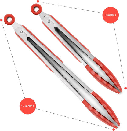 2 Pack Silicone Kitchen Tongs, 9 & 12 Inch, Stainless Steel, Black