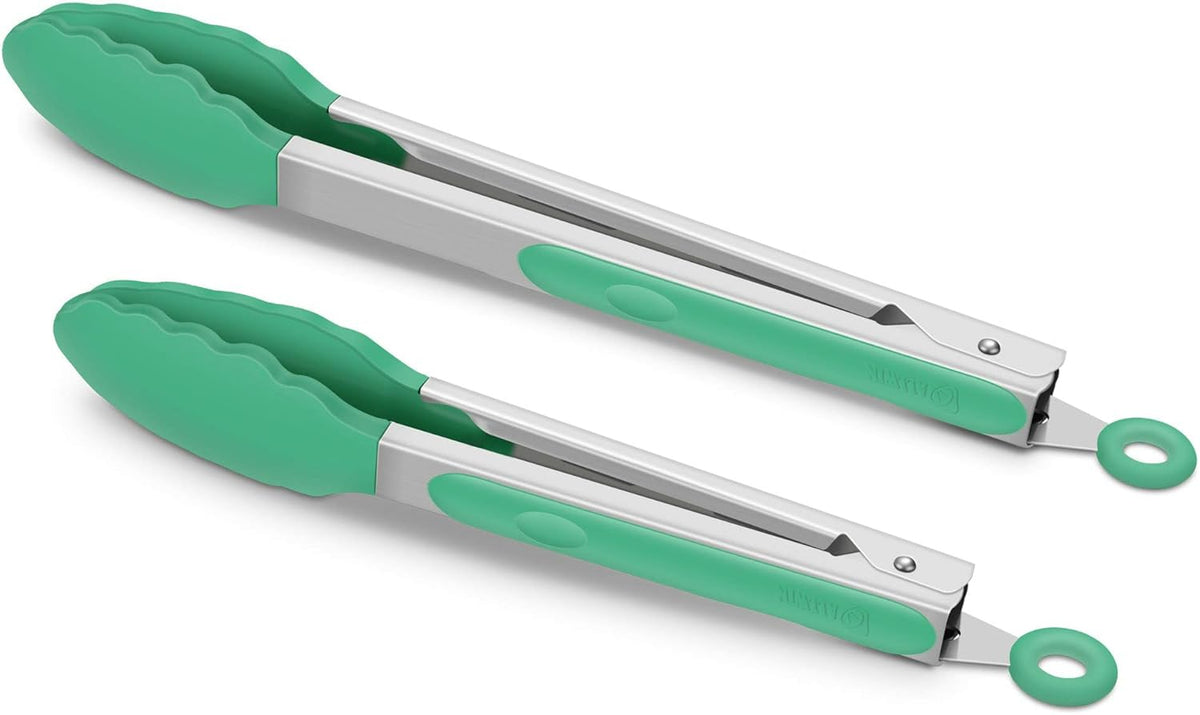 2 Pack Silicone Kitchen Tongs, 9 & 12 Inch, Stainless Steel, Black