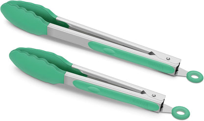 2 Pack Silicone Kitchen Tongs, 9 & 12 Inch, Stainless Steel, Black