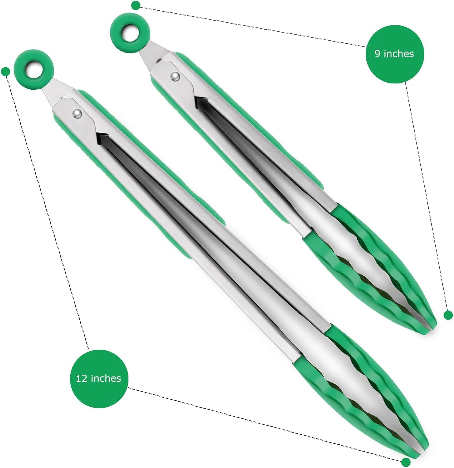2 Pack Silicone Kitchen Tongs, 9 & 12 Inch, Stainless Steel, Black