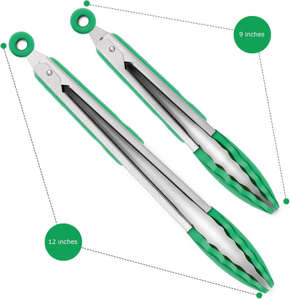 2 Pack Silicone Kitchen Tongs, 9 & 12 Inch, Stainless Steel, Black