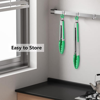 2 Pack Silicone Kitchen Tongs, 9 & 12 Inch, Stainless Steel, Black