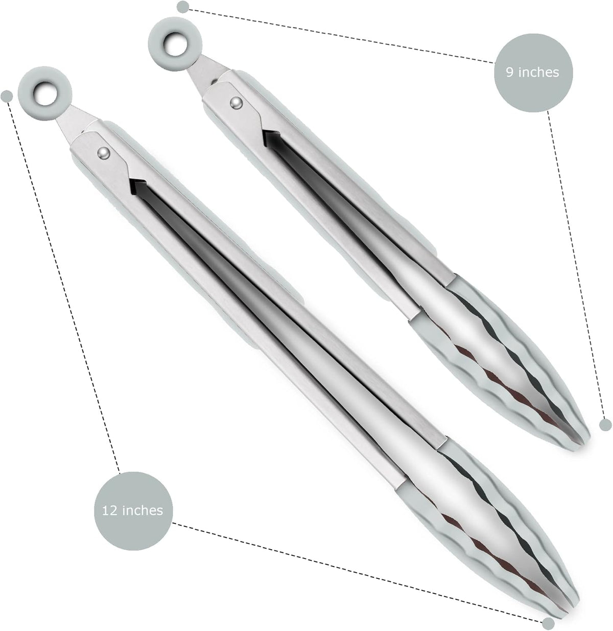 2 Pack Silicone Kitchen Tongs, 9 & 12 Inch, Stainless Steel, Black