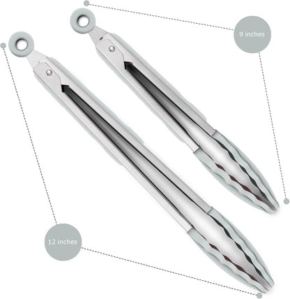 2 Pack Silicone Kitchen Tongs, 9 & 12 Inch, Stainless Steel, Black