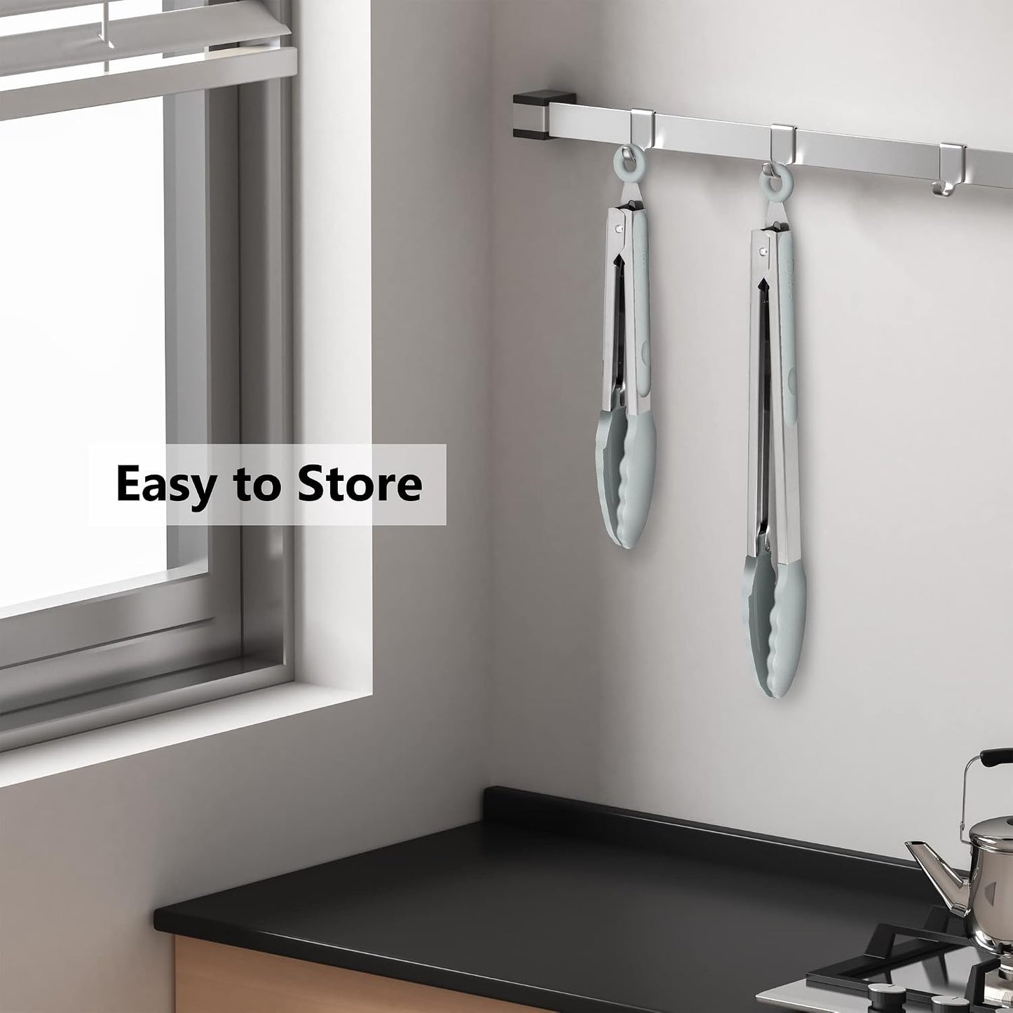 2 Pack Silicone Kitchen Tongs, 9 & 12 Inch, Stainless Steel, Black
