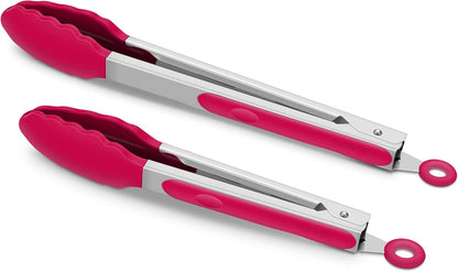 2 Pack Silicone Kitchen Tongs, 9 & 12 Inch, Stainless Steel, Black