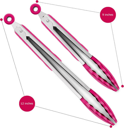 2 Pack Silicone Kitchen Tongs, 9 & 12 Inch, Stainless Steel, Black