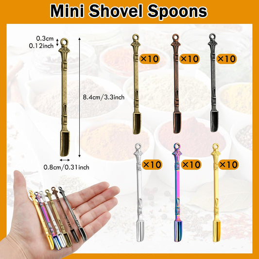 60 Pcs Mini Shovel Spoons, 3.23 Inch Metal Tiny Spices Power Scoop Spoons | little Pendant Spoon for Measuring Powder, Spices, Herbs, Coffee, Sugar, Necklace Charms Pendant DIY Craft Making (Muticolor)