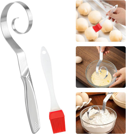 10" Stainless Steel Danish Dough Whisk for Sourdough Pastry Batter | Stainless Steel,Dishwasher Safe,Dutch Bread Mixing Tool ,with Silicone basting brush
