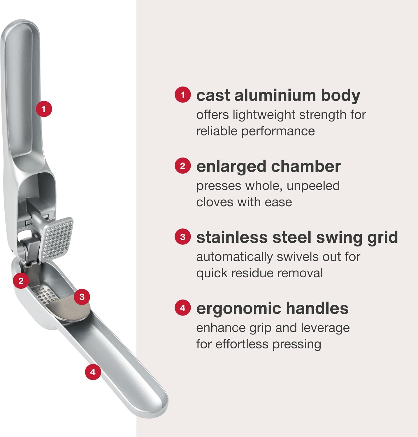 Susi 3 Garlic Press - Garlic and Ginger Mincer - Built-In Cleaner - Garlic Crusher, Mincer and Peeler - Dishwasher Safe - Cast Aluminum