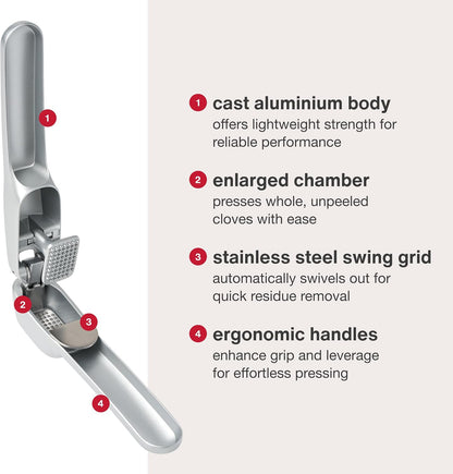 Susi 3 Garlic Press - Garlic and Ginger Mincer - Built-In Cleaner - Garlic Crusher, Mincer and Peeler - Dishwasher Safe - Cast Aluminum