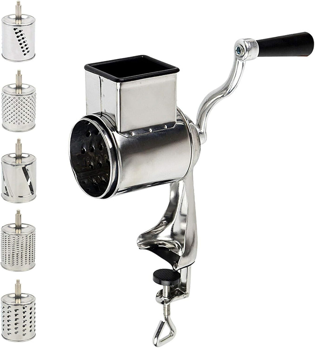 Manual Rotary Cheese Grater - Round Vegetable Slicer with 5 Interchangeable Blades Stainless Steel Rotary Drum Grater for Veggie, Nuts, Fruit,Biscuits