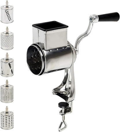 Manual Rotary Cheese Grater - Round Vegetable Slicer with 5 Interchangeable Blades Stainless Steel Rotary Drum Grater for Veggie, Nuts, Fruit,Biscuits