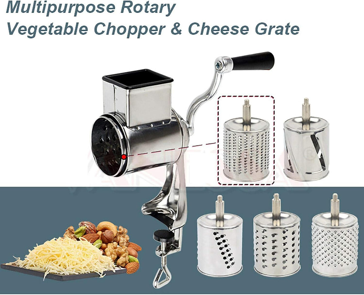 Manual Rotary Cheese Grater - Round Vegetable Slicer with 5 Interchangeable Blades Stainless Steel Rotary Drum Grater for Veggie, Nuts, Fruit,Biscuits