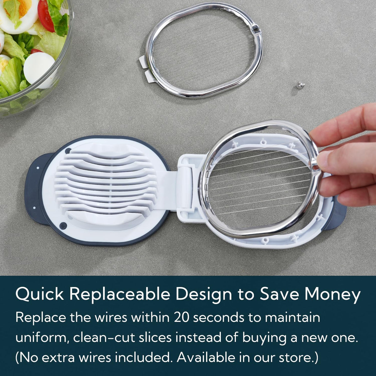 Replaceable Egg Slicer with Stainless Steel Wires, Egg Cutter for Hard-Boiled Eggs, Dual-Direction Cutting, Heavy-Duty Egg Dicer, Non-Slip Base & Handle, Dishwasher Safe